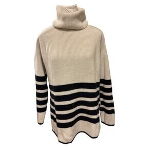 COS | Cream/Navy Striped Chunky Wool/Cotton Blend Knit Turtleneck | Small